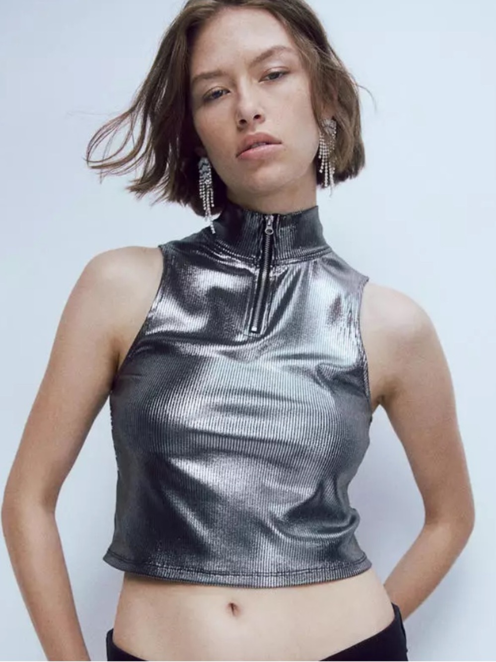 H&M Shiny silver Zip Front Sleeveless top
